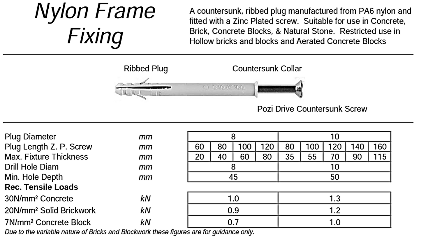 8mm, 10mm, Frame Fixing, Plug and Screw, Countersunk, Pozi, Zinc. Frame Fixing 8mm, 10mm, Frame Fixing, Plug and Screw, Countersunk, Pozi, Zinc. Nylon Frame Fixing